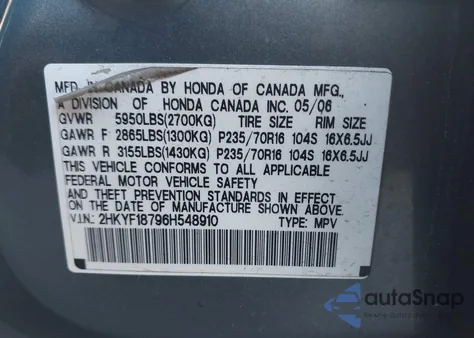 2006 Honda Pilot Ex-L from USA, damaged, VIN 2HKYF18796H548910